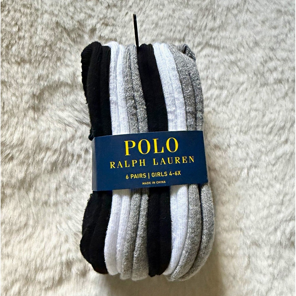 NEW Polo Ralph Lauren Girls 6 Pairs Ankle Socks Black White Gray 4-6X
